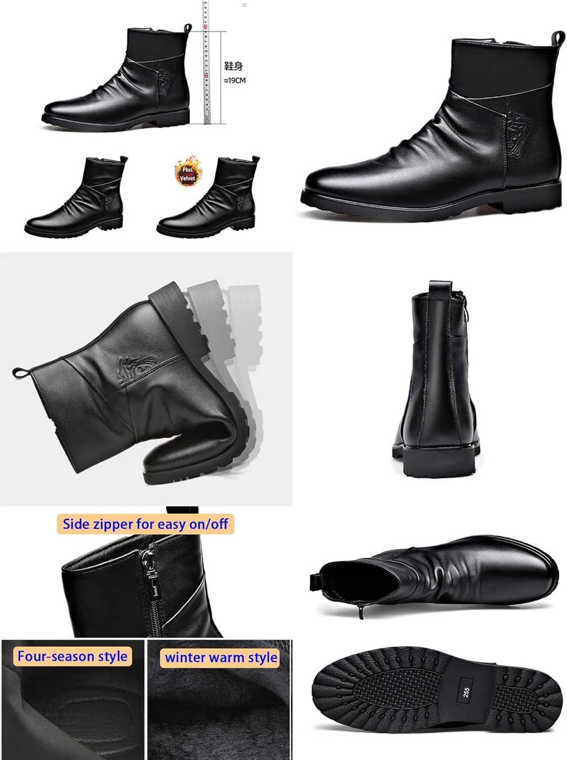 Keilinia Men's Black Leather High-top Dress Ankle Boot,2023 New Fall Winter Fashion Zip Plain Toe Business Casual Short Boots