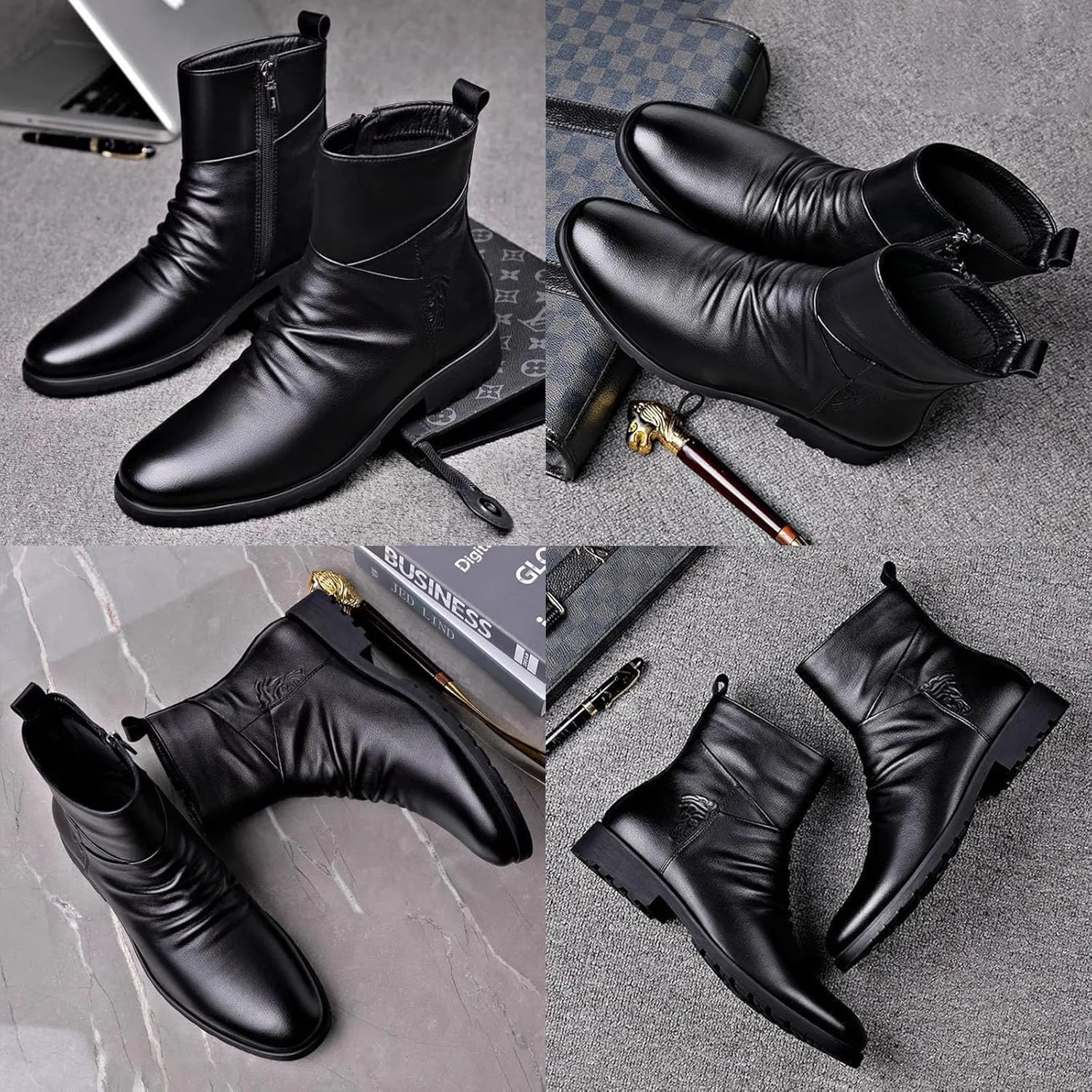 Keilinia Men's Black Leather High-top Dress Ankle Boot,2023 New Fall Winter Fashion Zip Plain Toe Business Casual Short Boots