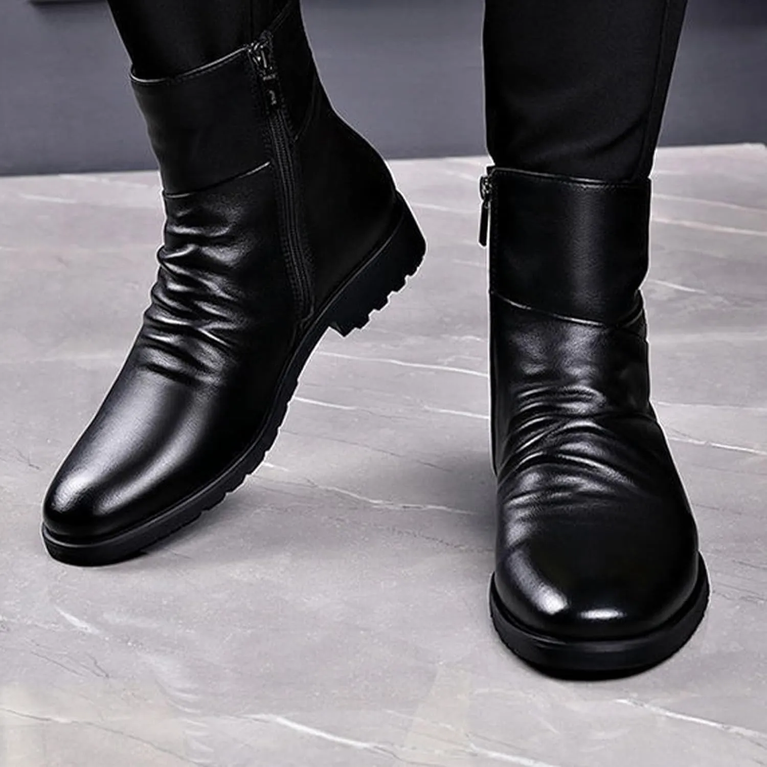 Keilinia Men's Black Leather High-top Dress Ankle Boot,2023 New Fall Winter Fashion Zip Plain Toe Business Casual Short Boots