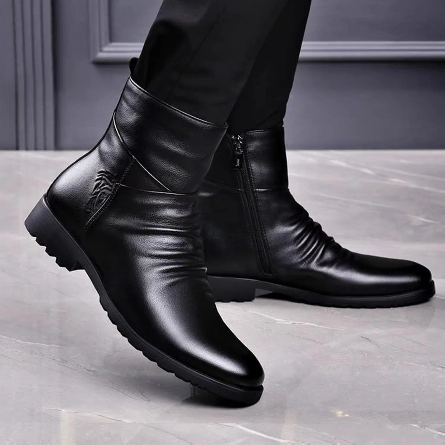 Keilinia Men's Black Leather High-top Dress Ankle Boot,2023 New Fall Winter Fashion Zip Plain Toe Business Casual Short Boots