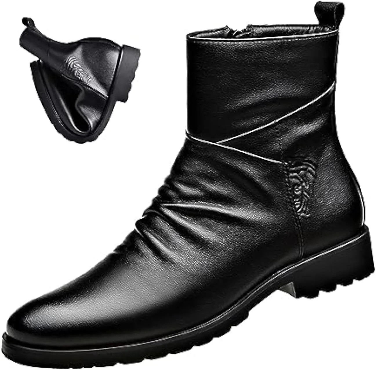 Keilinia Men's Black Leather High-top Dress Ankle Boot,2023 New Fall Winter Fashion Zip Plain Toe Business Casual Short Boots