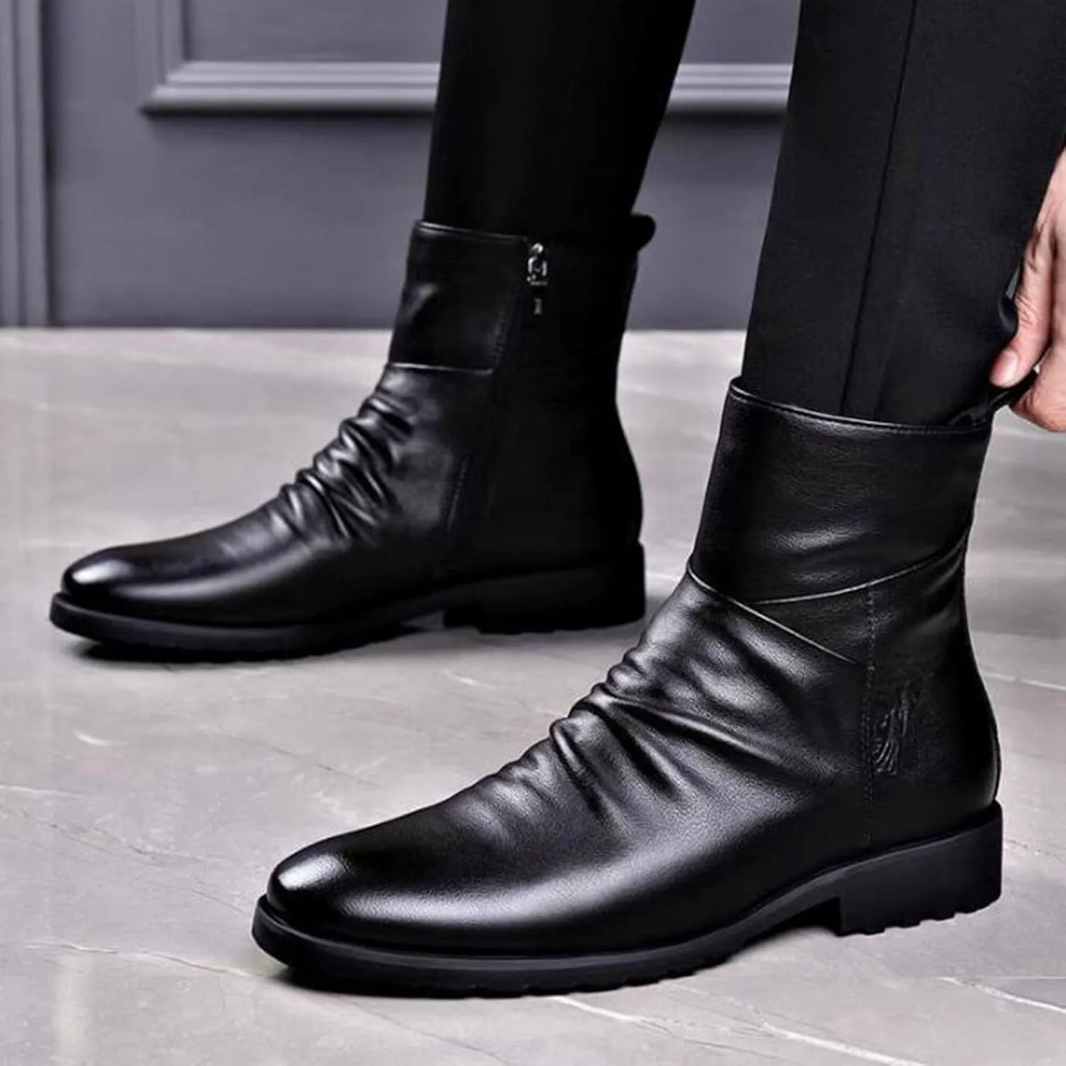 Keilinia Men's Black Leather High-top Dress Ankle Boot,2023 New Fall Winter Fashion Zip Plain Toe Business Casual Short Boots