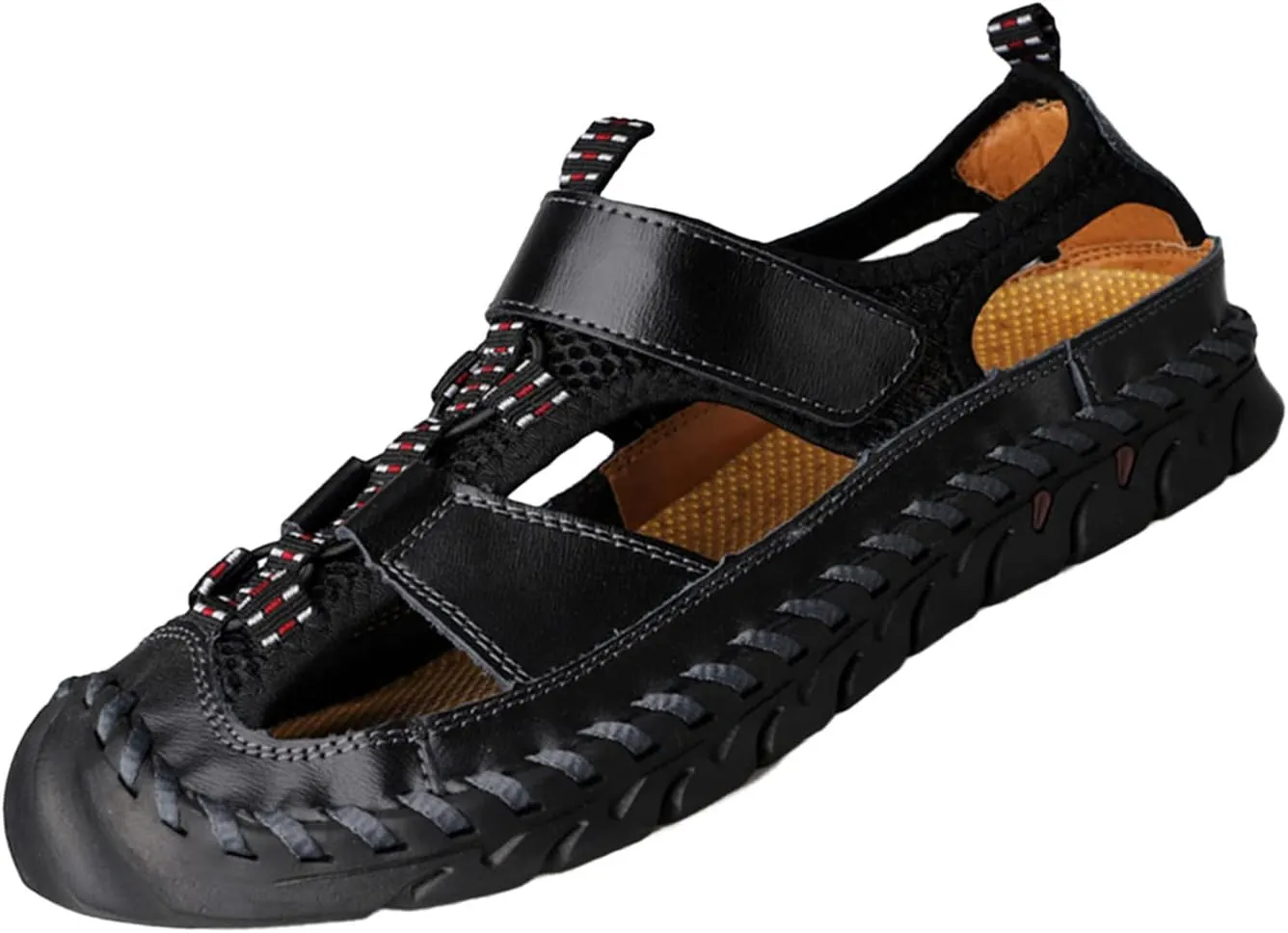Keilinia Men's Summer Closed Toe Hiking Sandals,Comfy Breathe Leather Splicing Mesh Non-Slip Softsole Outdoor Travel Beach Shoes