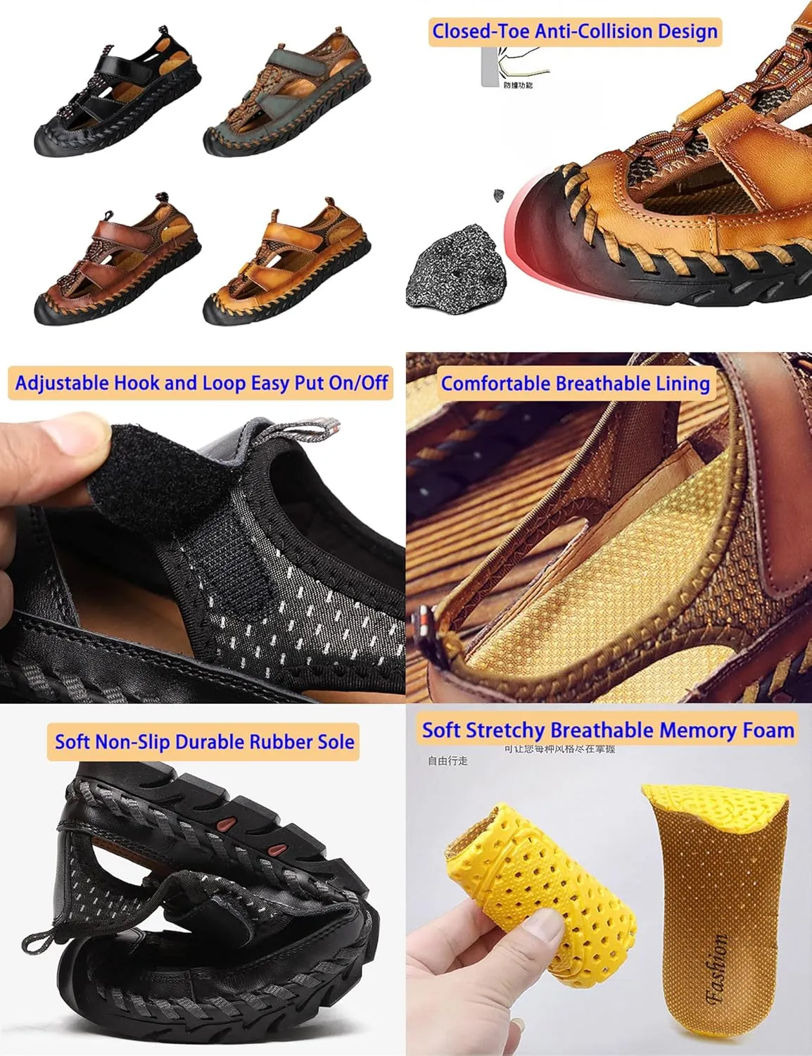 Keilinia Men's Summer Closed Toe Hiking Sandals,Comfy Breathe Leather Splicing Mesh Non-Slip Softsole Outdoor Travel Beach Shoes