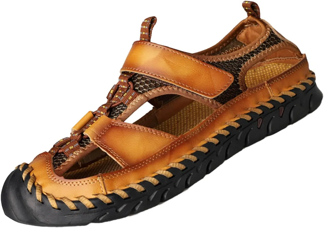 Keilinia Men's Summer Closed Toe Hiking Sandals,Comfy Breathe Leather Splicing Mesh Non-Slip Softsole Outdoor Travel Beach Shoes
