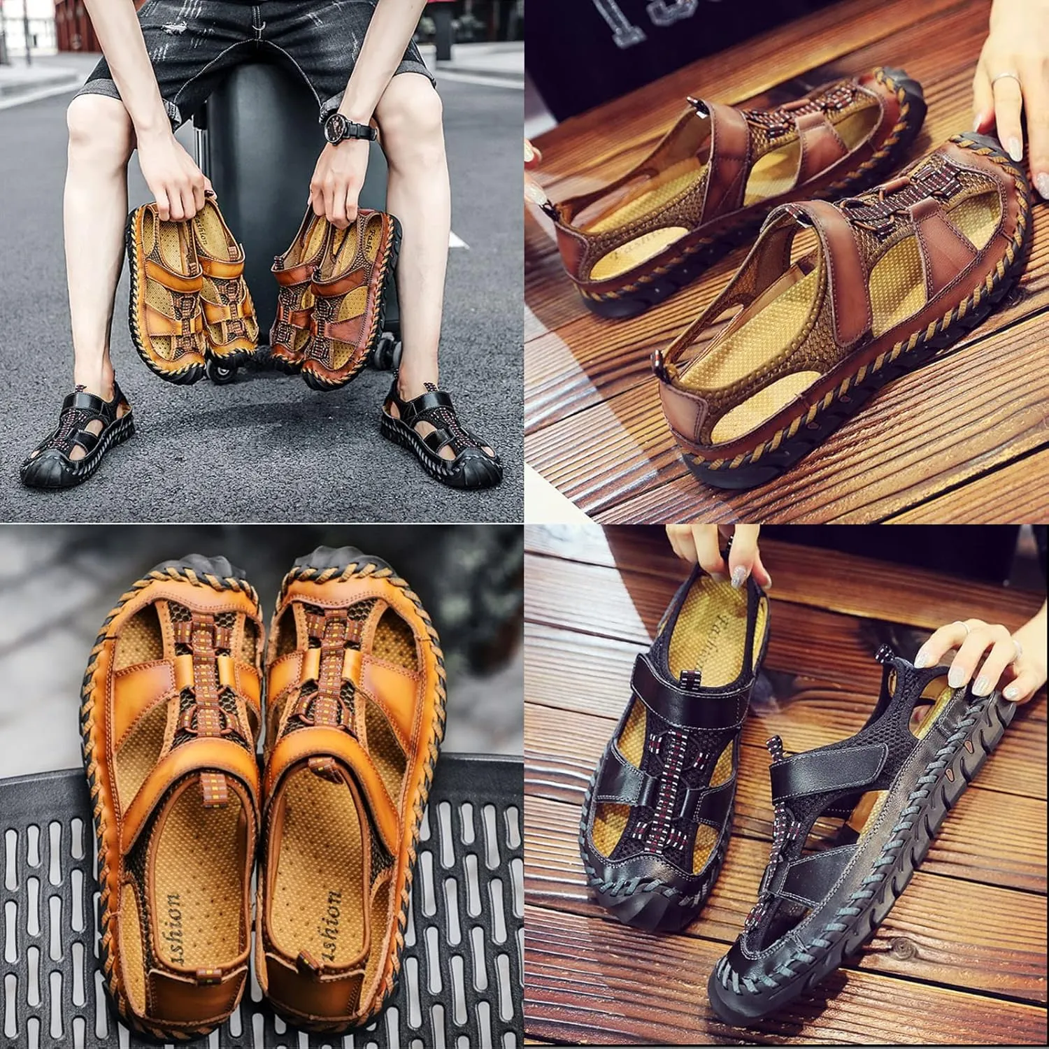 Keilinia Men's Summer Closed Toe Hiking Sandals,Comfy Breathe Leather Splicing Mesh Non-Slip Softsole Outdoor Travel Beach Shoes