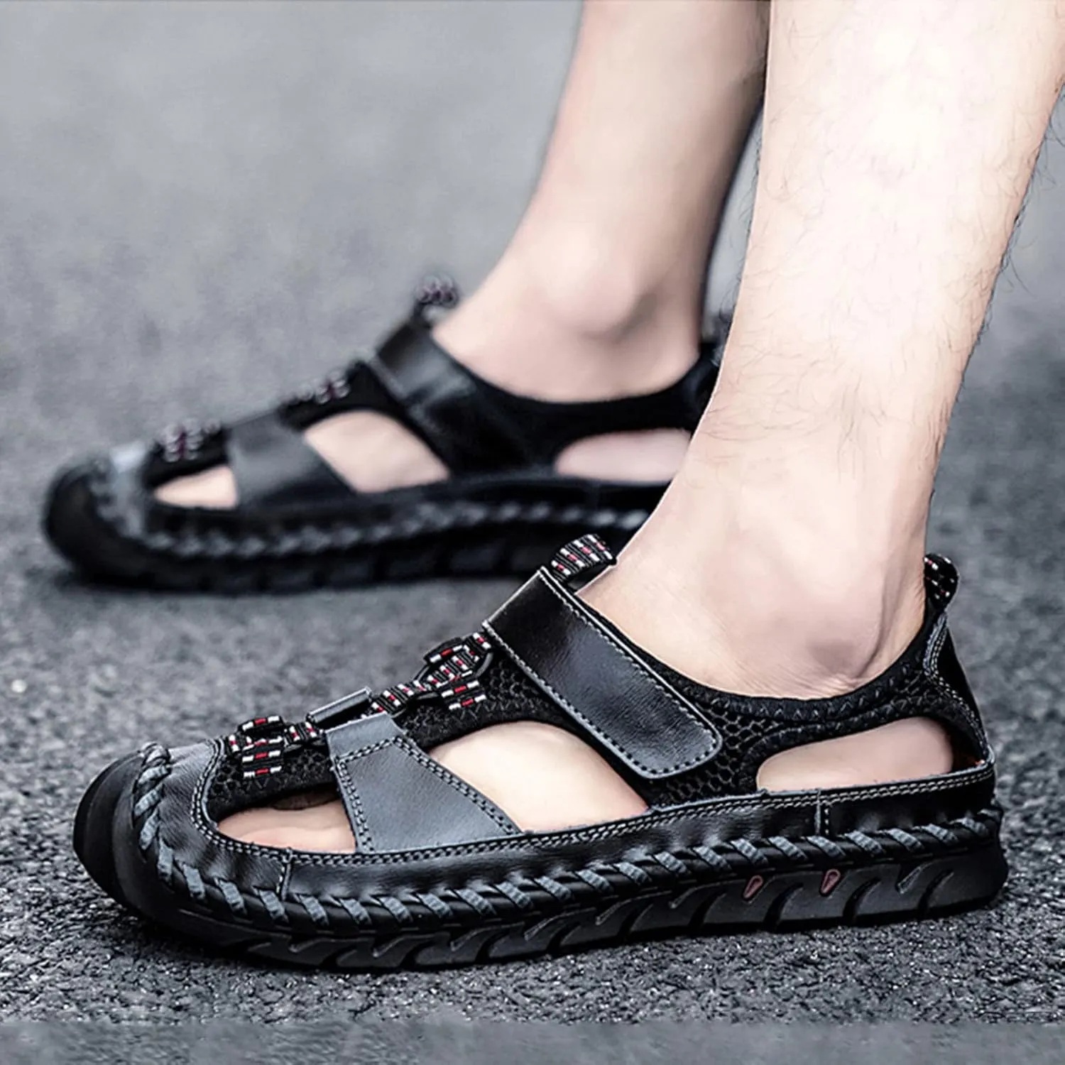 Keilinia Men's Summer Closed Toe Hiking Sandals,Comfy Breathe Leather Splicing Mesh Non-Slip Softsole Outdoor Travel Beach Shoes