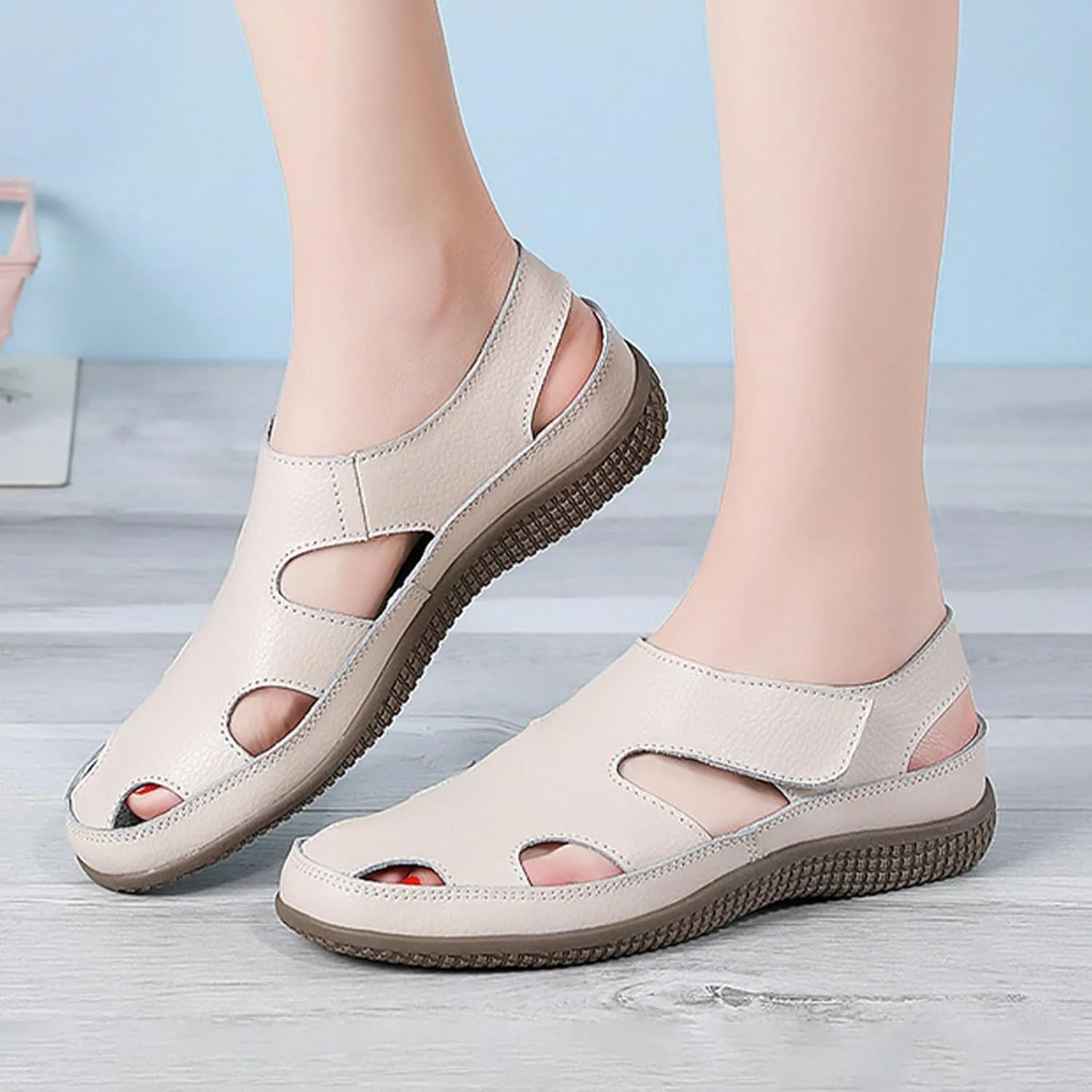 Keilinia Women's Orthopedic Closed Toe Leather Sandals,Summer Comfort Slingback Hook and Loop Softsole Casual Beach Shoes