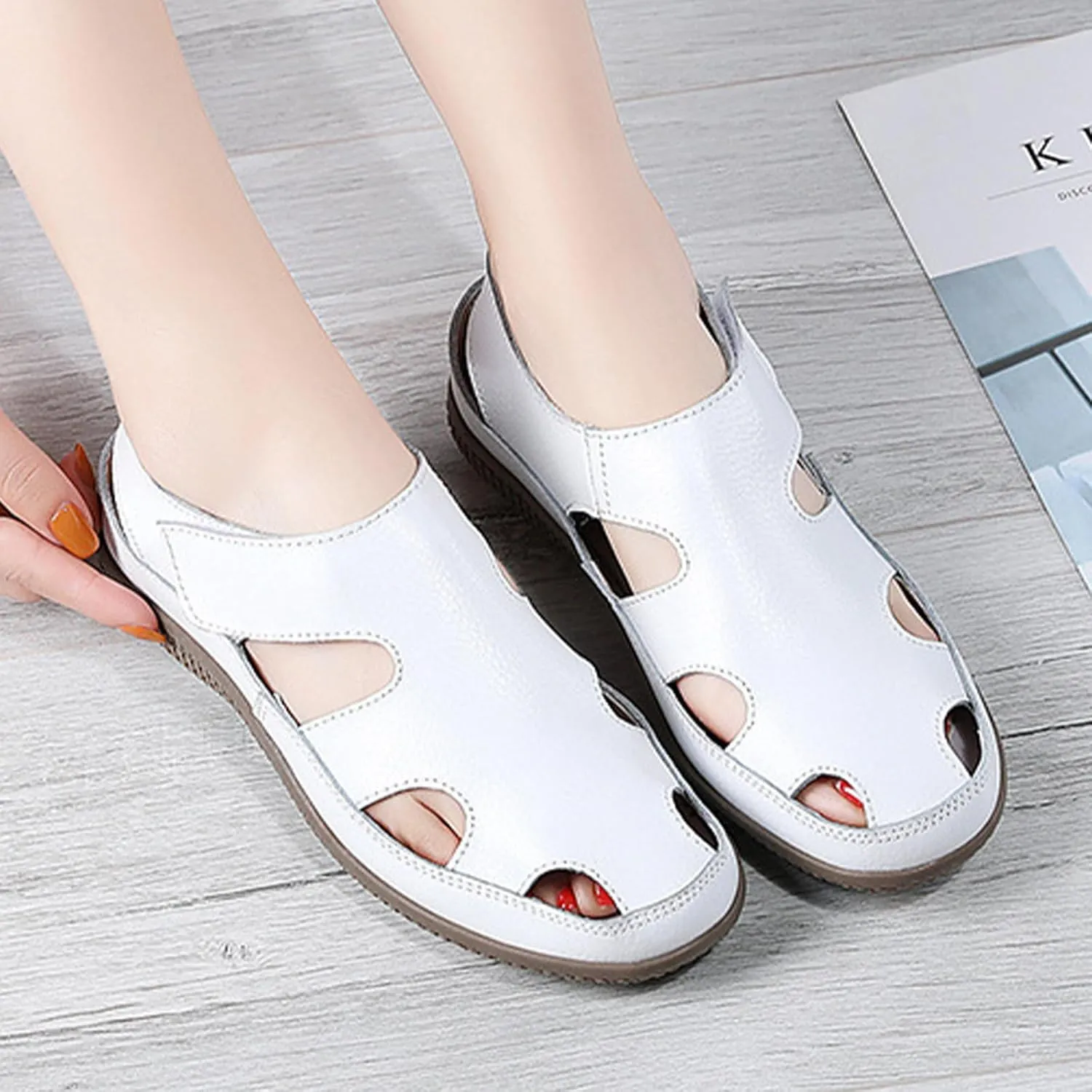 Keilinia Women's Orthopedic Closed Toe Leather Sandals,Summer Comfort Slingback Hook and Loop Softsole Casual Beach Shoes