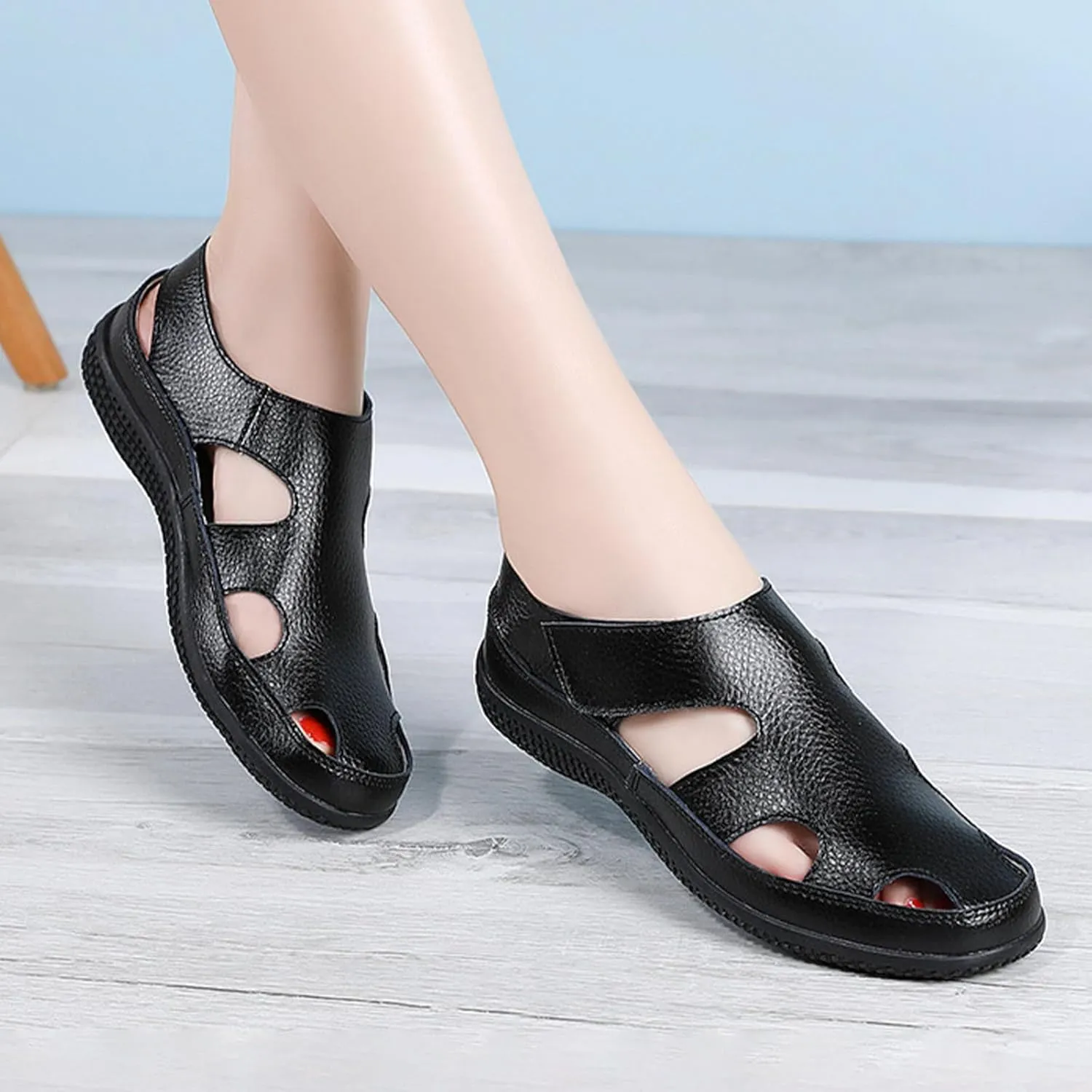 Keilinia Women's Orthopedic Closed Toe Leather Sandals,Summer Comfort Slingback Hook and Loop Softsole Casual Beach Shoes