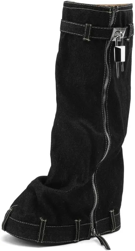 keleimusi PadLock Fold Over Knee High Biker Denim Jeans Boots for Women