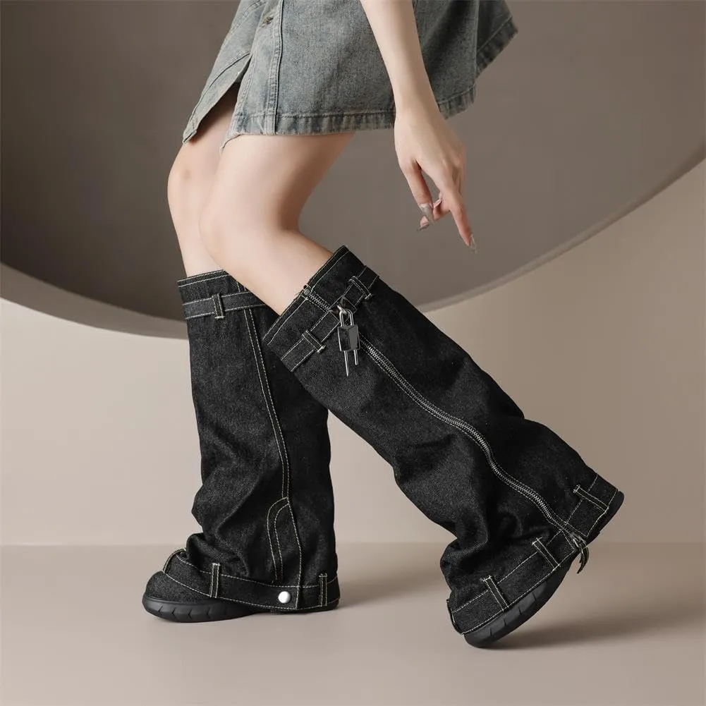 keleimusi PadLock Fold Over Knee High Biker Denim Jeans Boots for Women