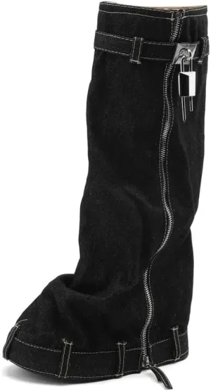 keleimusi PadLock Fold Over Knee High Biker Denim Jeans Boots for Women