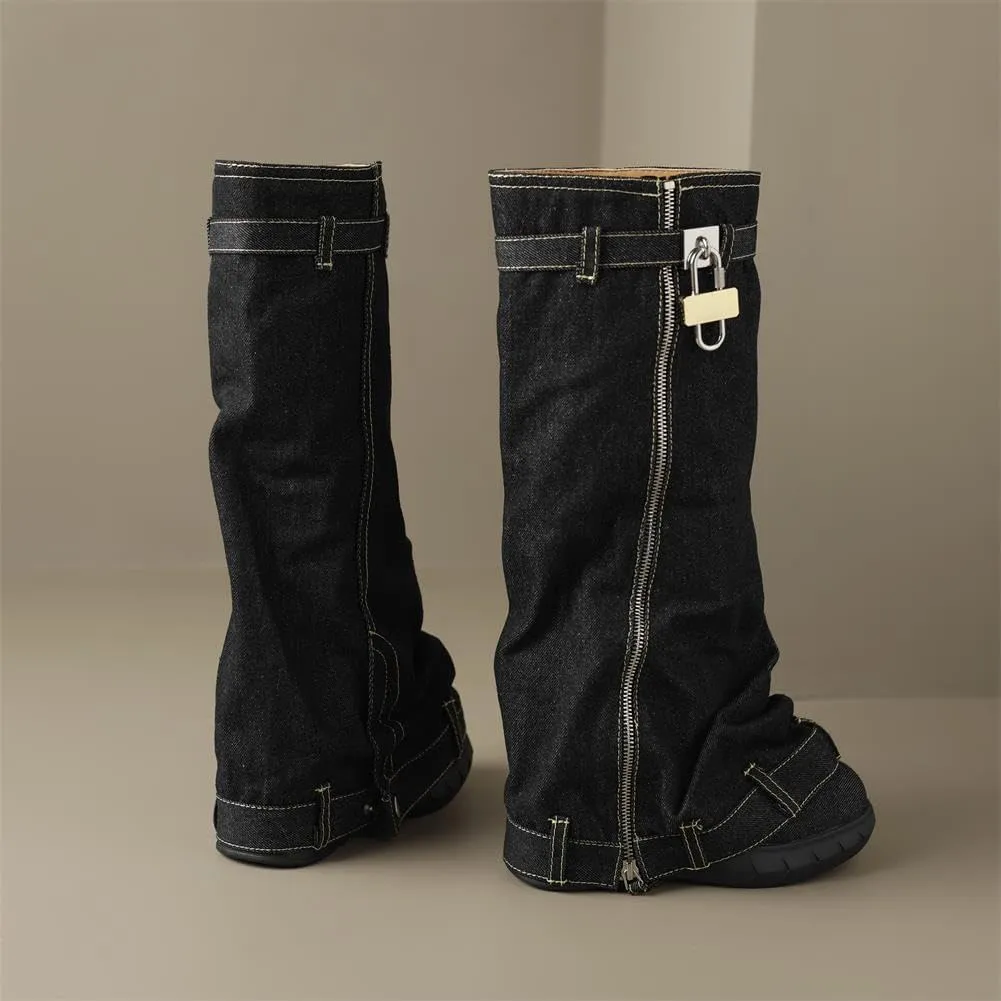 keleimusi PadLock Fold Over Knee High Biker Denim Jeans Boots for Women