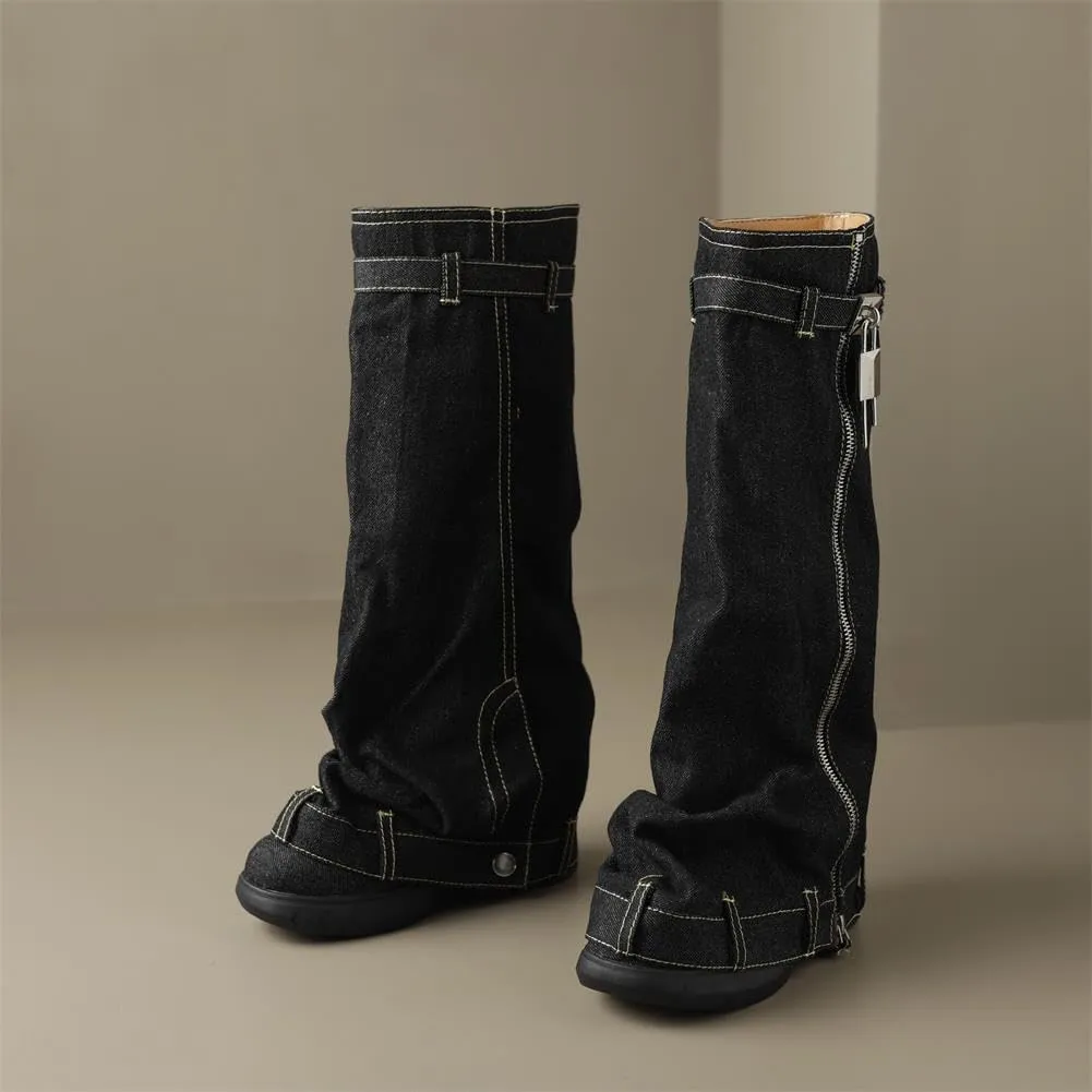 keleimusi PadLock Fold Over Knee High Biker Denim Jeans Boots for Women
