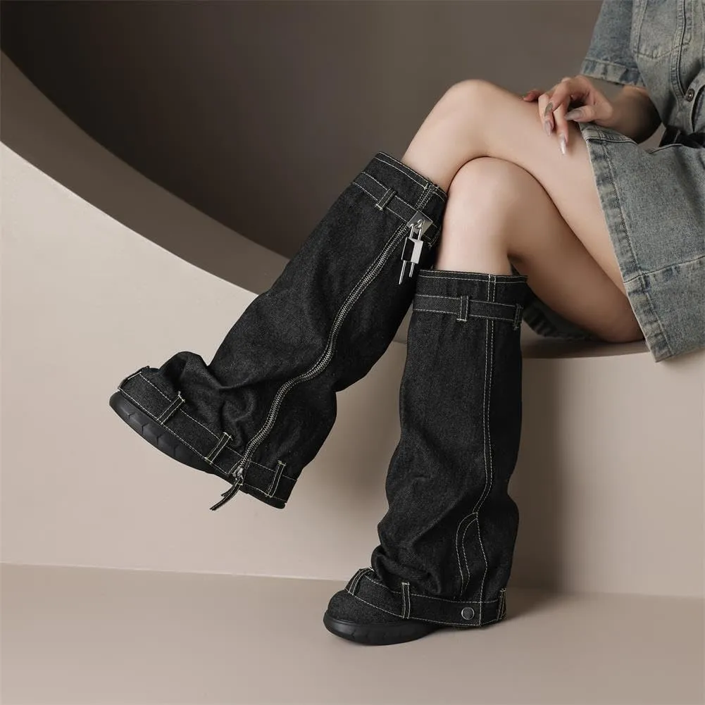 keleimusi PadLock Fold Over Knee High Biker Denim Jeans Boots for Women