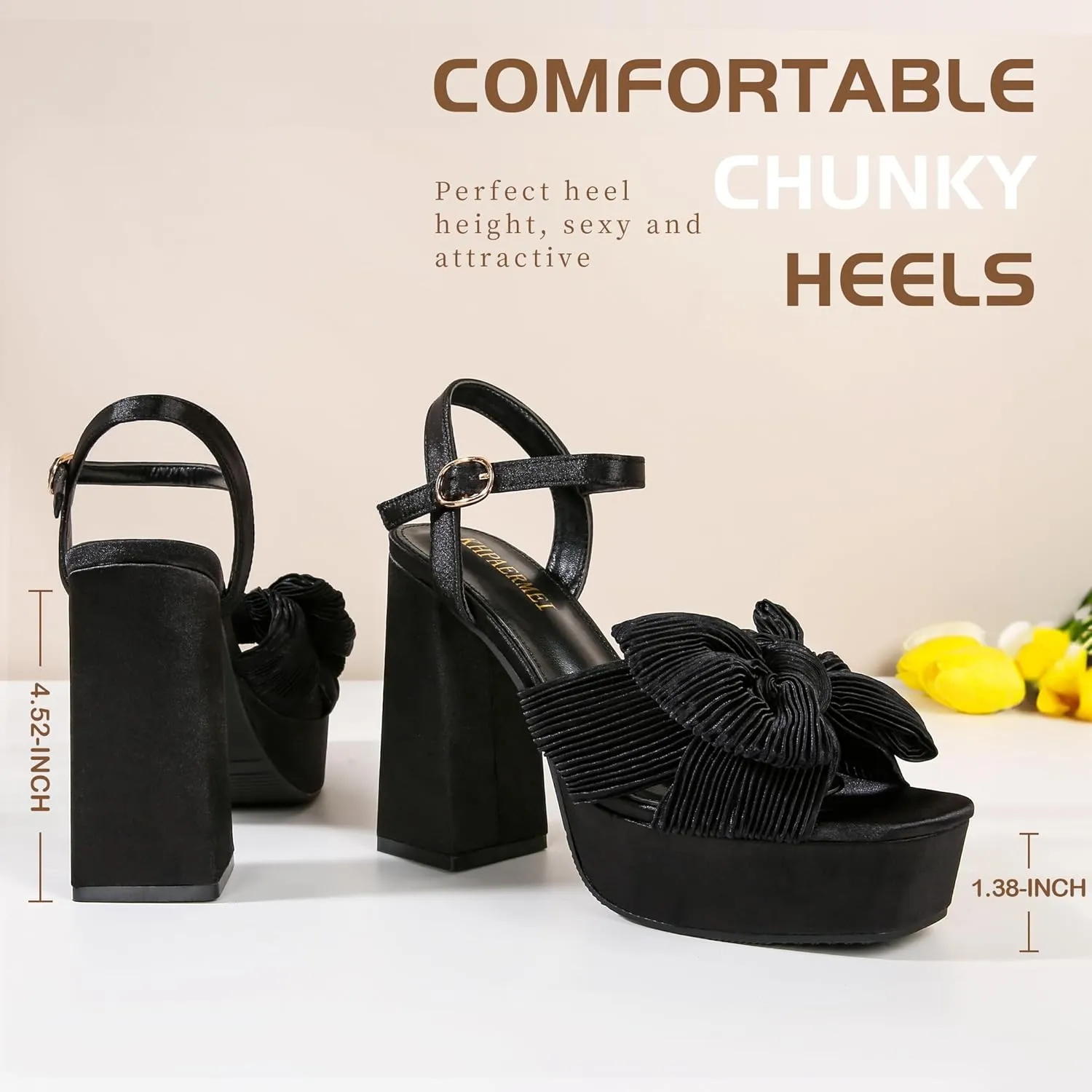KHPAERMEI Bow Knot Platform Heels for Women Fashion Open Toe Chunky Heeled Sandals Ankle Strap Wedding Party Dress High Heels