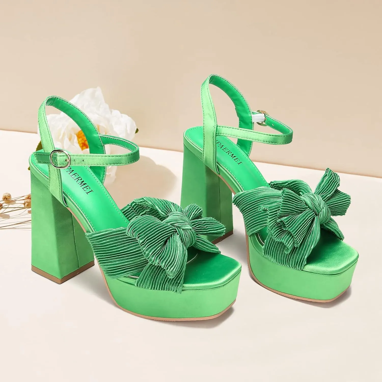 KHPAERMEI Bow Knot Platform Heels for Women Fashion Open Toe Chunky Heeled Sandals Ankle Strap Wedding Party Dress High Heels