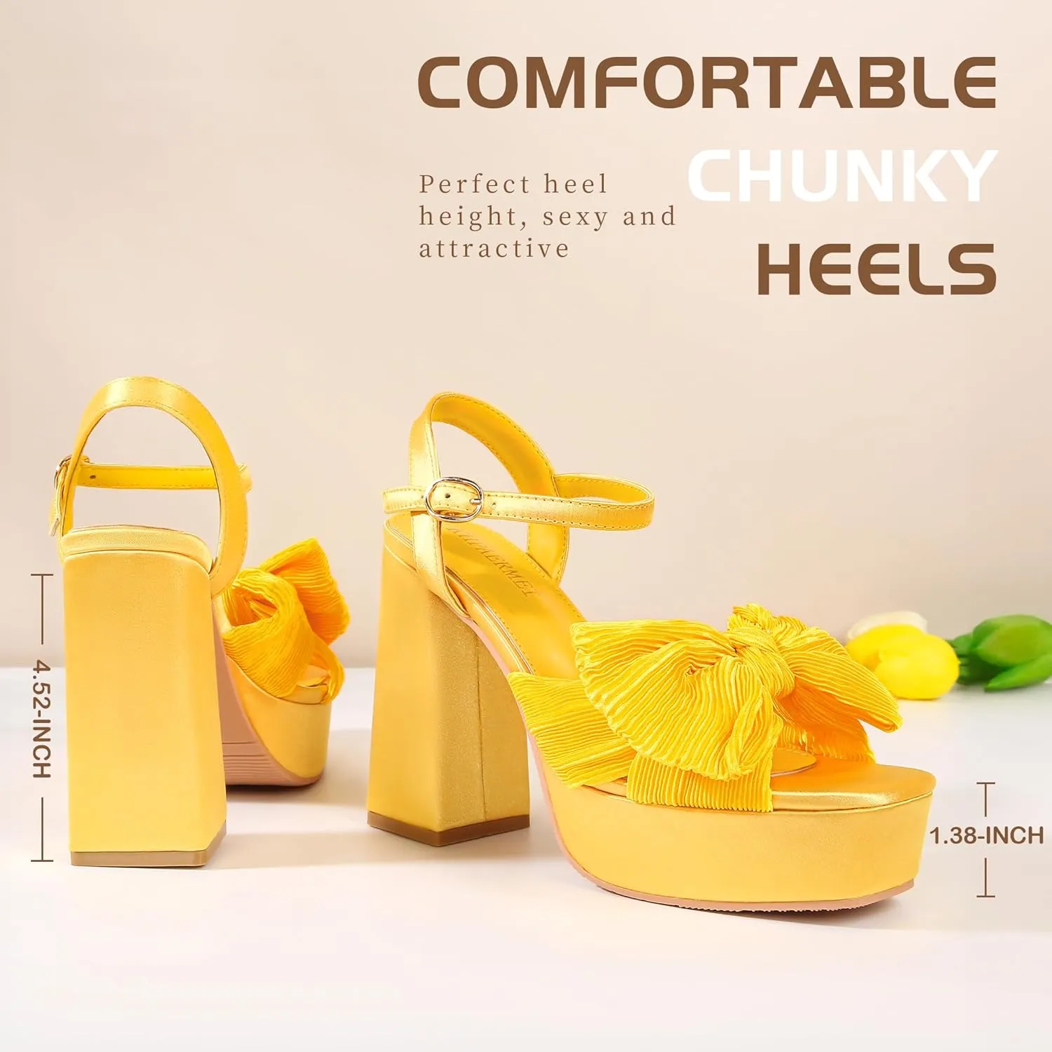 KHPAERMEI Bow Knot Platform Heels for Women Fashion Open Toe Chunky Heeled Sandals Ankle Strap Wedding Party Dress High Heels