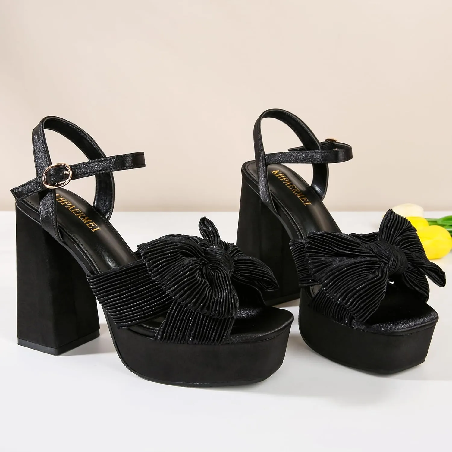 KHPAERMEI Bow Knot Platform Heels for Women Fashion Open Toe Chunky Heeled Sandals Ankle Strap Wedding Party Dress High Heels