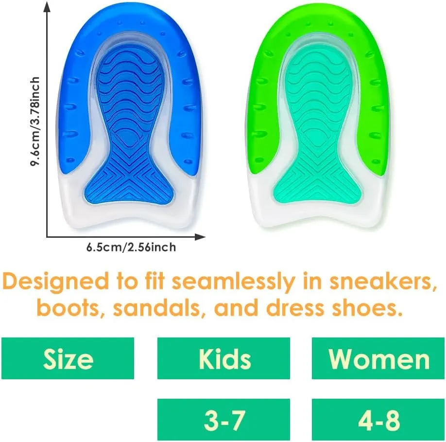 Kid’s Heel Cups - Soft Silicone Heel Inserts for Pain Relief and Comfort, Fits Shoes Size 3-7, Ideal for Plantar Fasciitis and Growing Feet (Green, 4 Pairs Kid's Size 3-7 / Women 4-8)