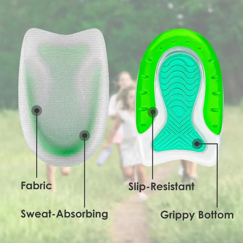 Kid’s Heel Cups - Soft Silicone Heel Inserts for Pain Relief and Comfort, Fits Shoes Size 3-7, Ideal for Plantar Fasciitis and Growing Feet (Green, 4 Pairs Kid's Size 3-7 / Women 4-8)