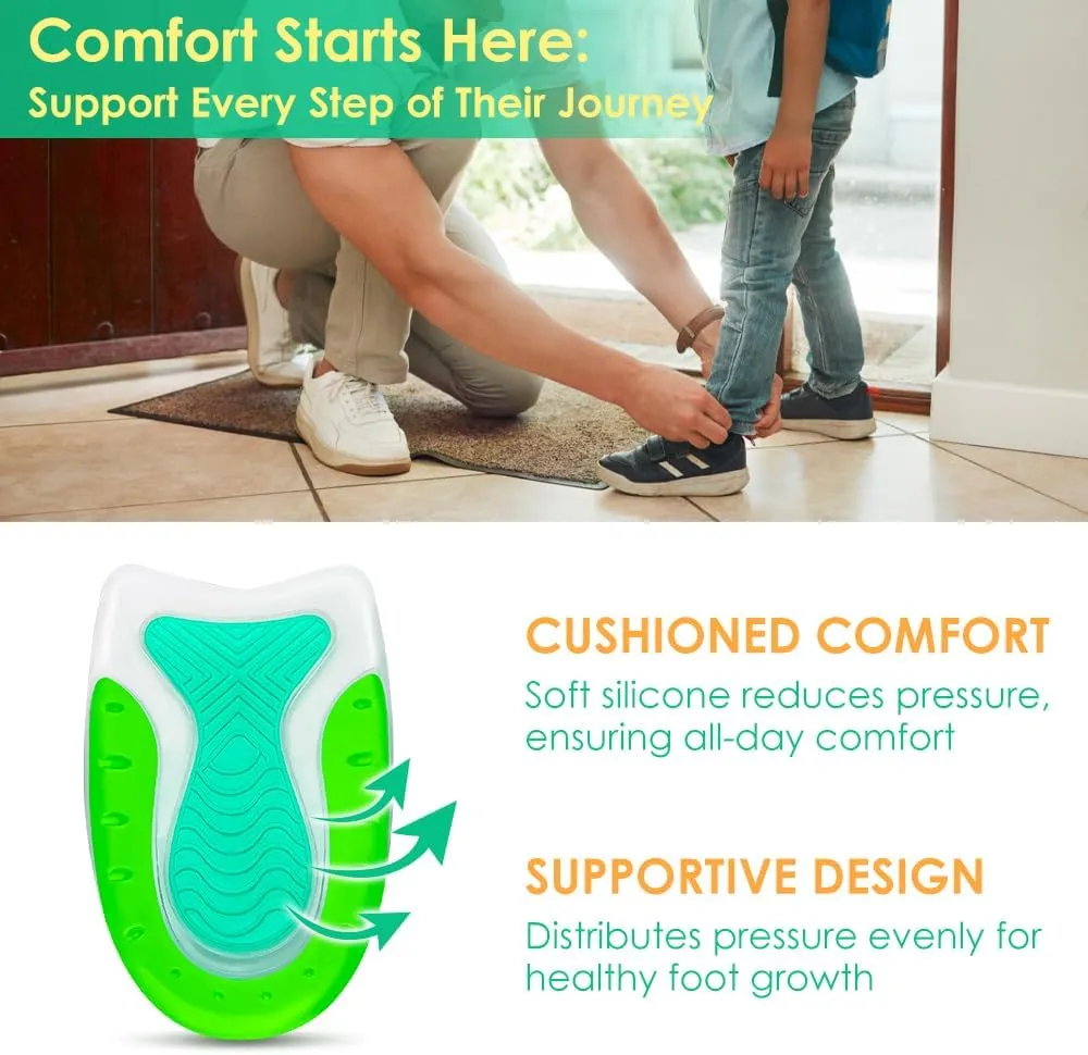 Kid’s Heel Cups - Soft Silicone Heel Inserts for Pain Relief and Comfort, Fits Shoes Size 3-7, Ideal for Plantar Fasciitis and Growing Feet (Green, 4 Pairs Kid's Size 3-7 / Women 4-8)