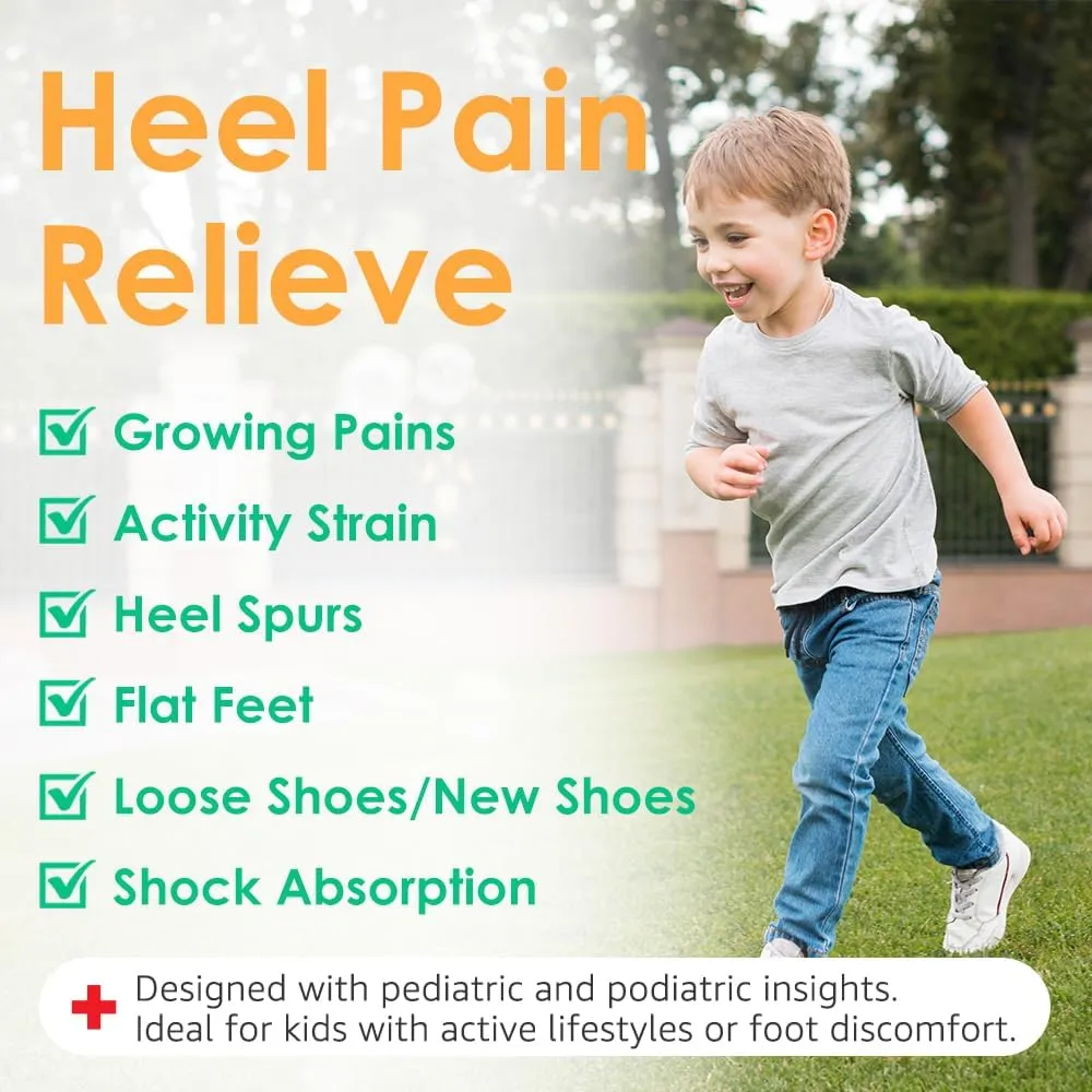 Kid’s Heel Cups - Soft Silicone Heel Inserts for Pain Relief and Comfort, Fits Shoes Size 3-7, Ideal for Plantar Fasciitis and Growing Feet (Green, 4 Pairs Kid's Size 3-7 / Women 4-8)