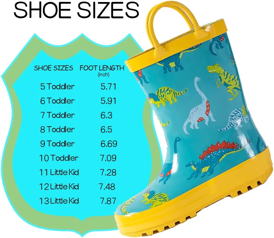 Kids Rain Boots - Toddler Waterproof Rubber Kids Rain Boots for Girls and Boys with Fun Patterns and Easy-On Handles