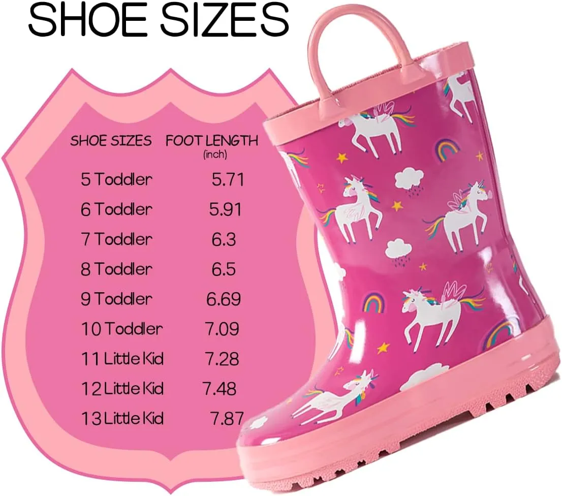 Kids Rain Boots - Toddler Waterproof Rubber Kids Rain Boots for Girls and Boys with Fun Patterns and Easy-On Handles