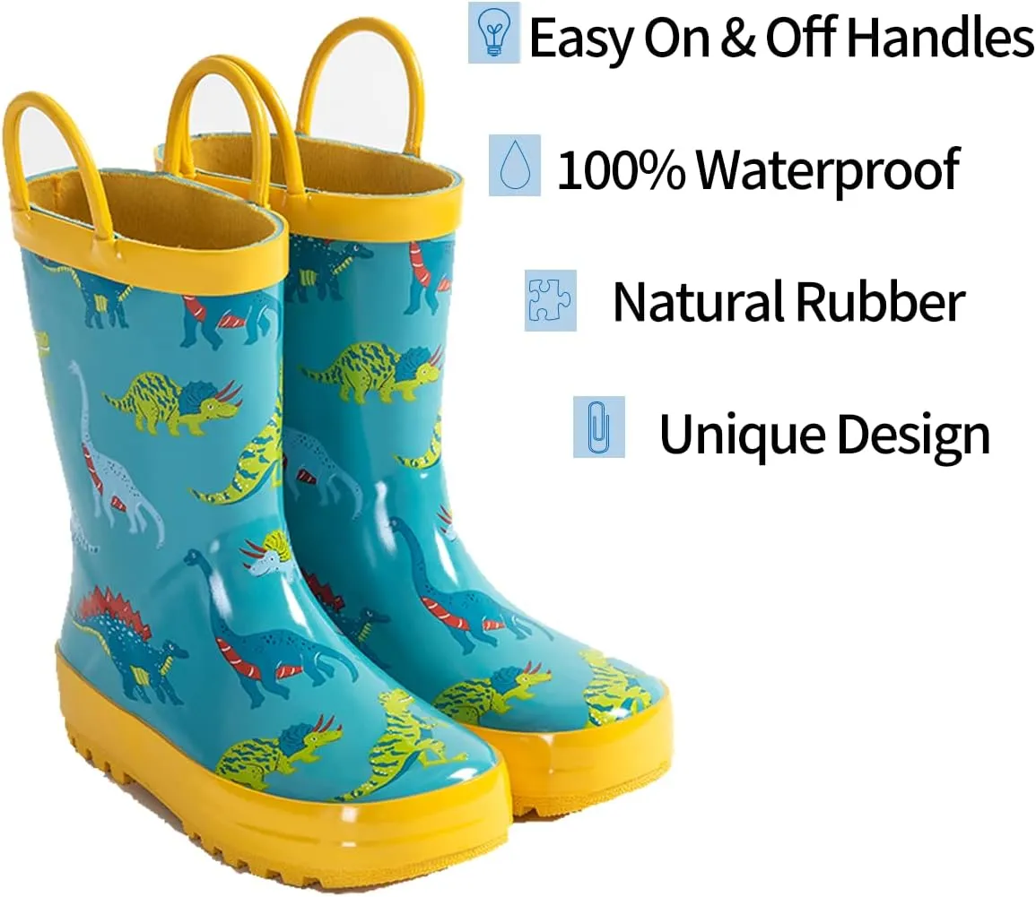 Kids Rain Boots - Toddler Waterproof Rubber Kids Rain Boots for Girls and Boys with Fun Patterns and Easy-On Handles