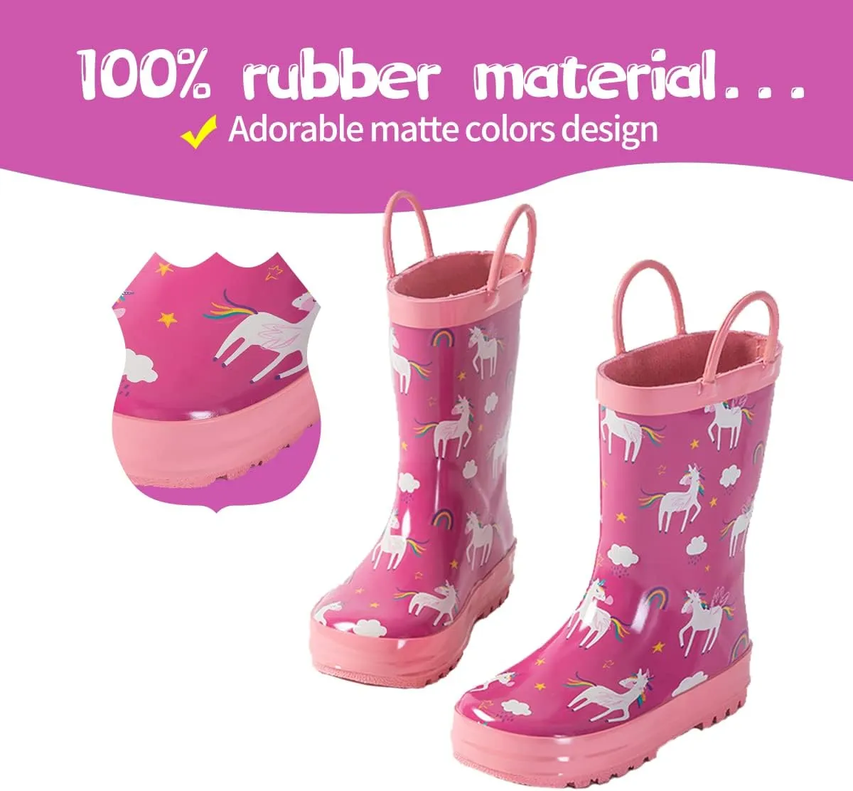 Kids Rain Boots - Toddler Waterproof Rubber Kids Rain Boots for Girls and Boys with Fun Patterns and Easy-On Handles