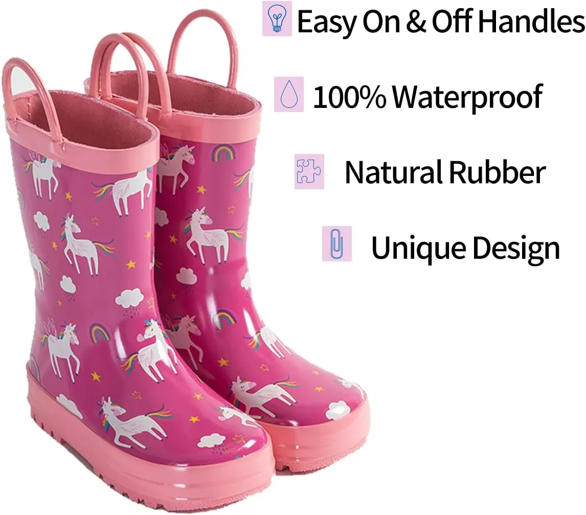 Kids Rain Boots - Toddler Waterproof Rubber Kids Rain Boots for Girls and Boys with Fun Patterns and Easy-On Handles
