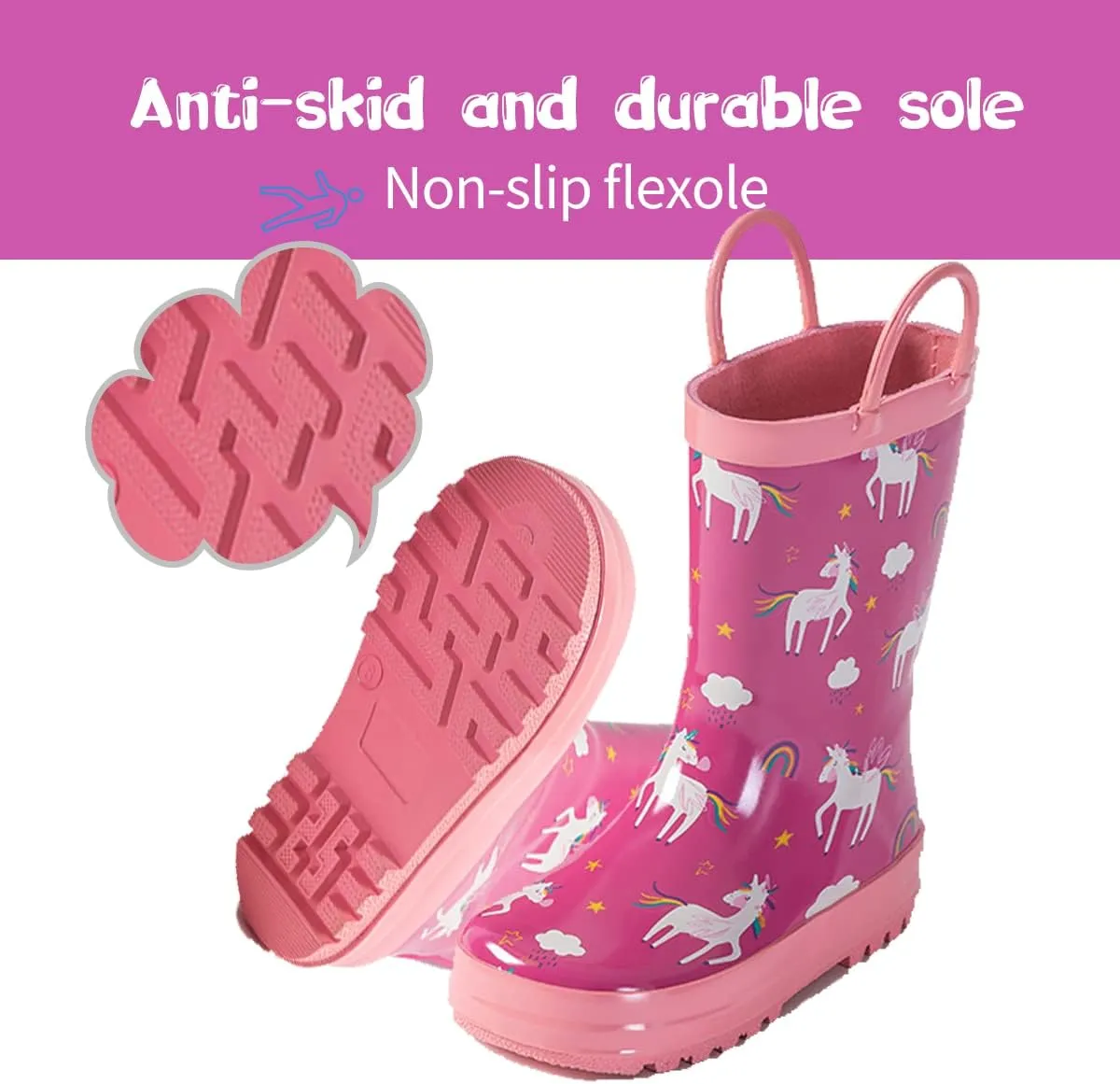 Kids Rain Boots - Toddler Waterproof Rubber Kids Rain Boots for Girls and Boys with Fun Patterns and Easy-On Handles
