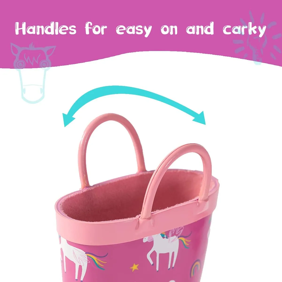 Kids Rain Boots - Toddler Waterproof Rubber Kids Rain Boots for Girls and Boys with Fun Patterns and Easy-On Handles