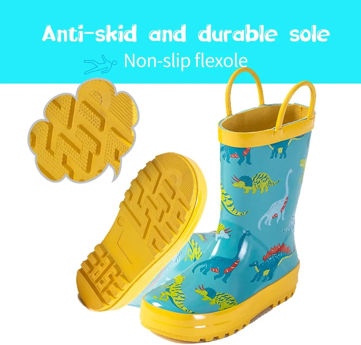 Kids Rain Boots - Toddler Waterproof Rubber Kids Rain Boots for Girls and Boys with Fun Patterns and Easy-On Handles