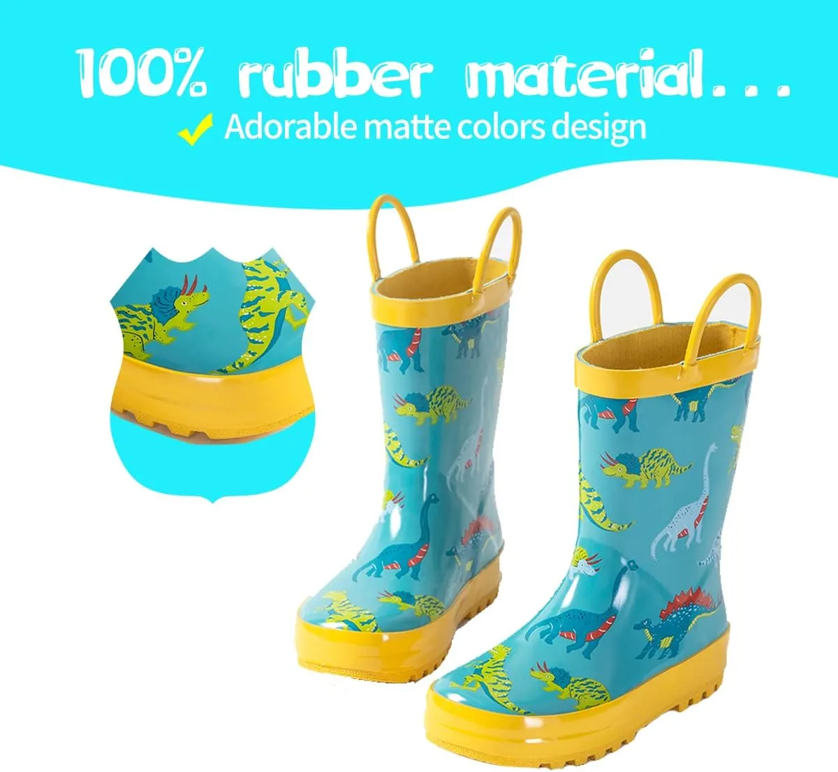 Kids Rain Boots - Toddler Waterproof Rubber Kids Rain Boots for Girls and Boys with Fun Patterns and Easy-On Handles