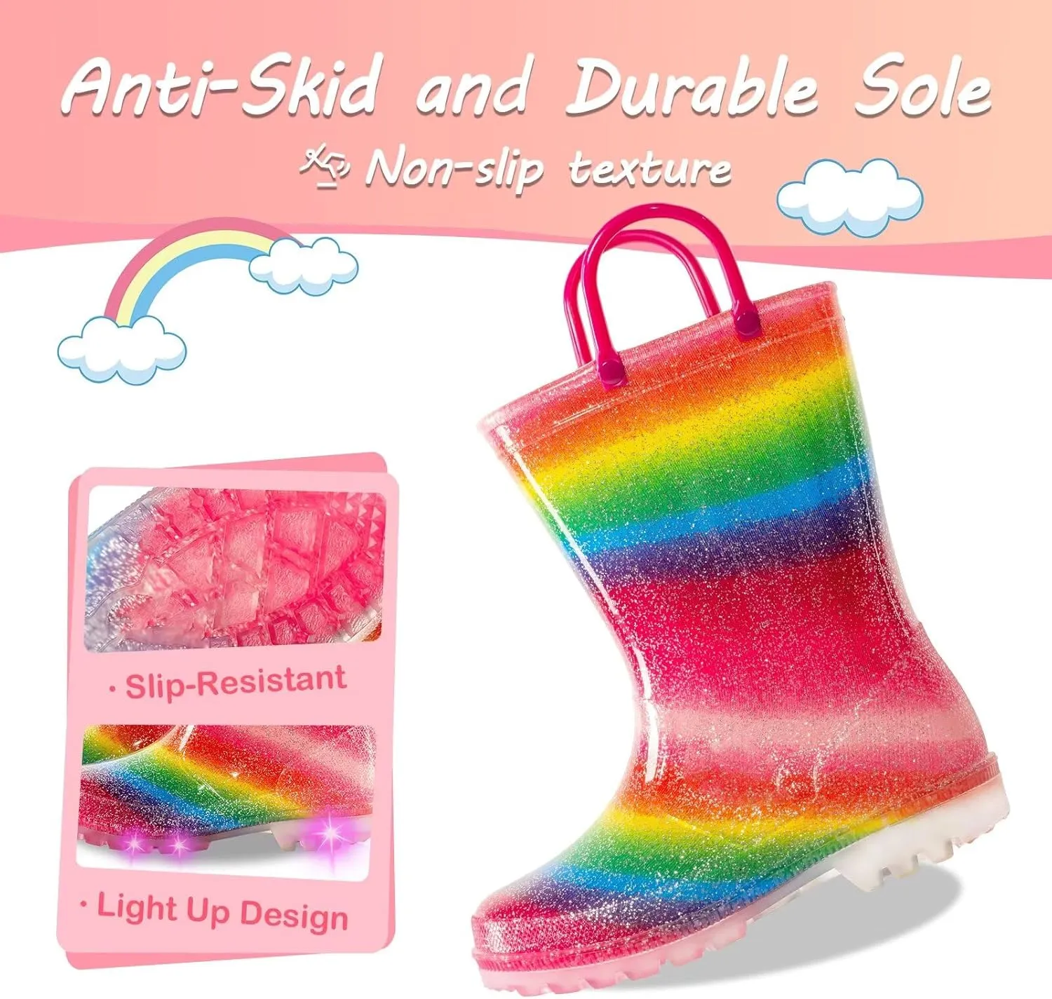 Kids Toddler Rain Boots for Girls Boys Light Up Waterproof Rain Shoes Patterns and Glitter Boot with Easy On Handles