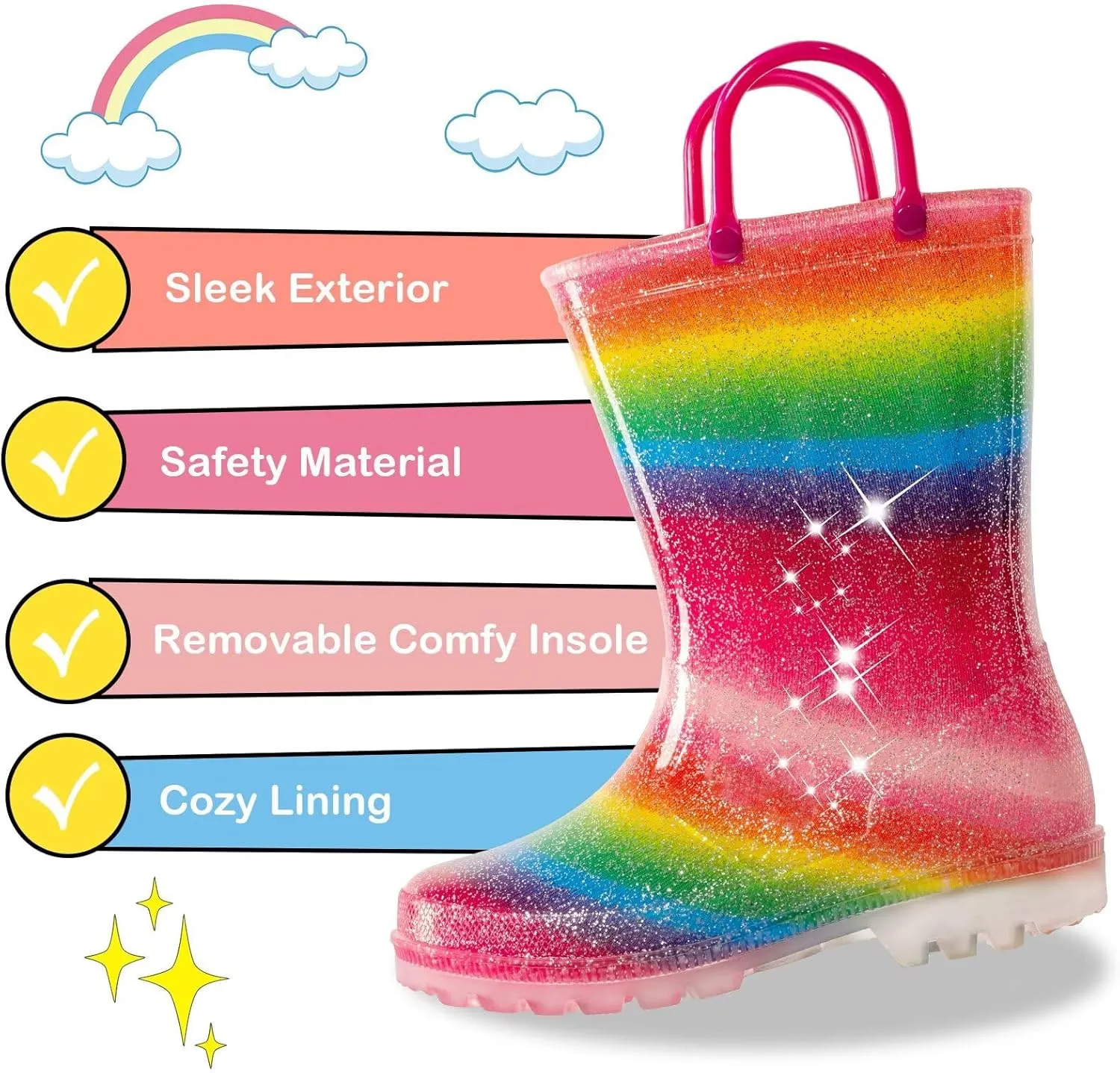 Kids Toddler Rain Boots for Girls Boys Light Up Waterproof Rain Shoes Patterns and Glitter Boot with Easy On Handles