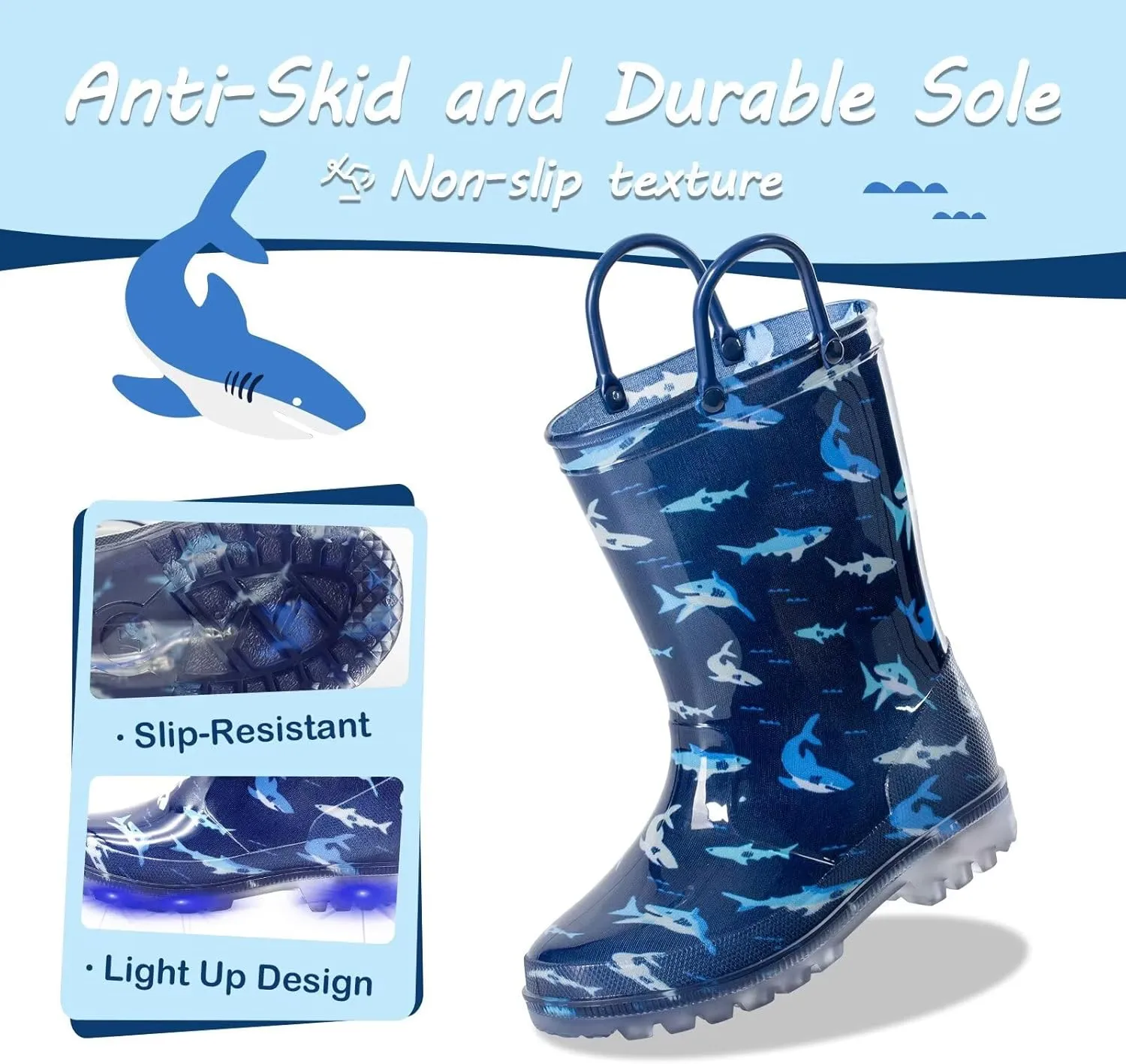 Kids Toddler Rain Boots for Girls Boys Light Up Waterproof Rain Shoes Patterns and Glitter Boot with Easy On Handles