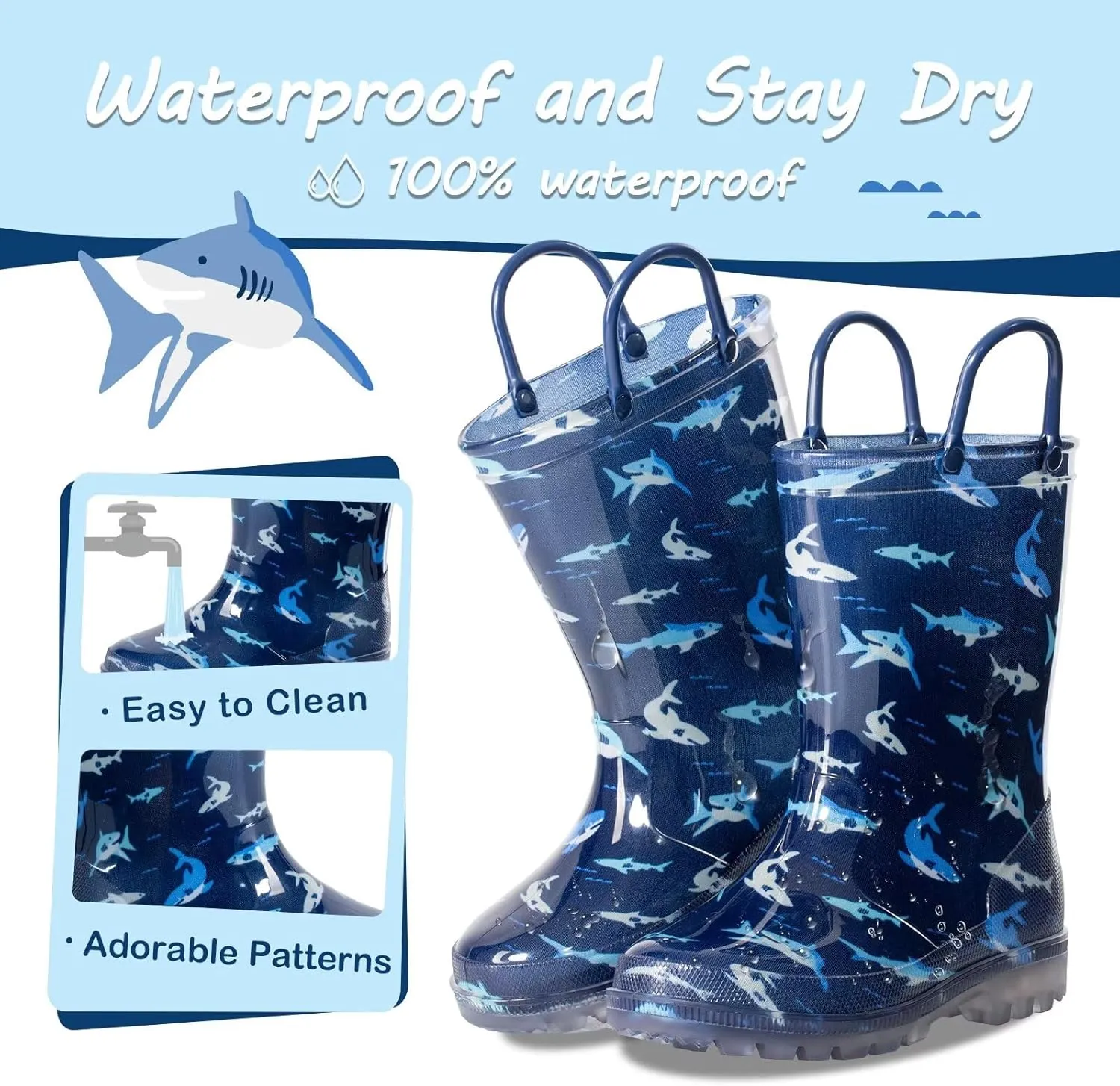 Kids Toddler Rain Boots for Girls Boys Light Up Waterproof Rain Shoes Patterns and Glitter Boot with Easy On Handles