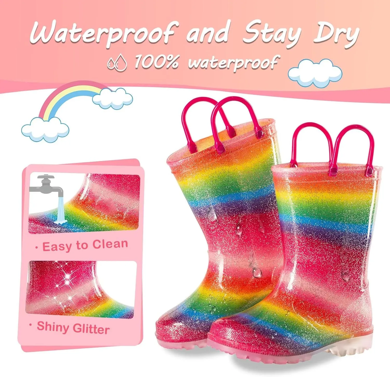 Kids Toddler Rain Boots for Girls Boys Light Up Waterproof Rain Shoes Patterns and Glitter Boot with Easy On Handles