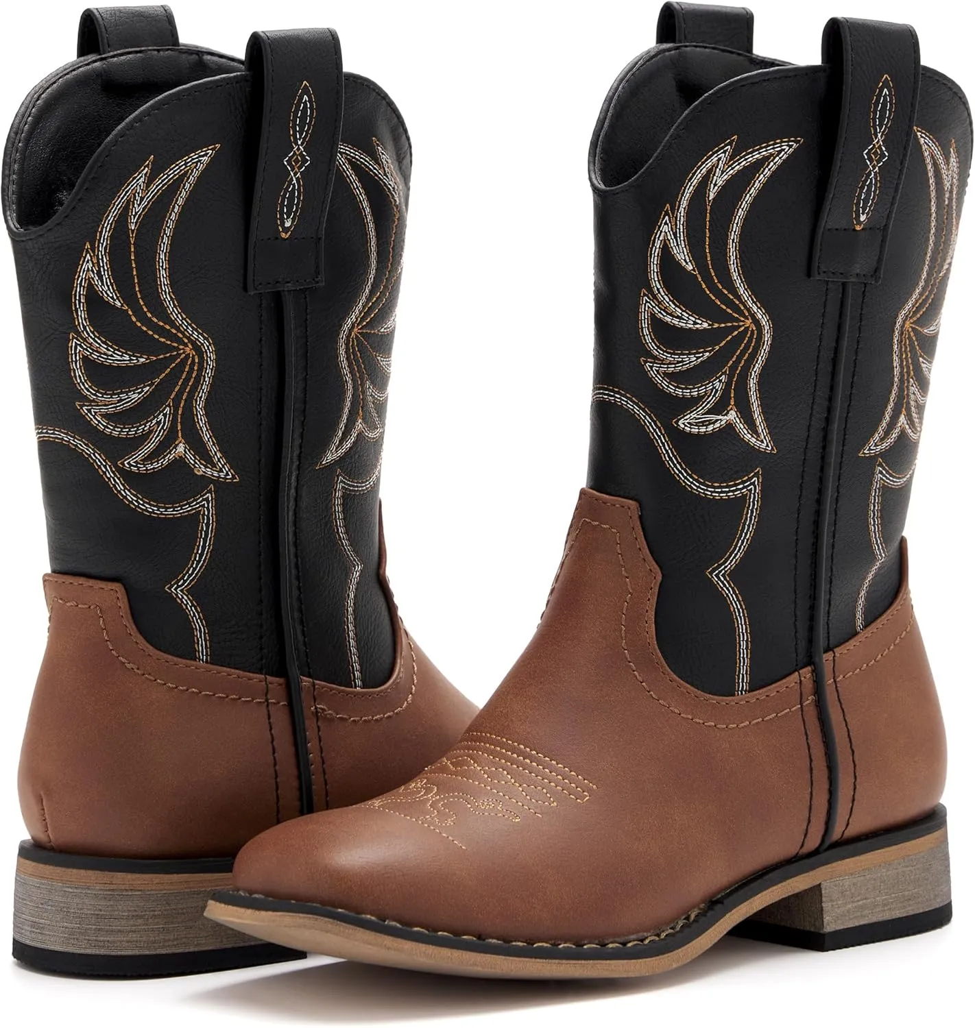Kids Western Boots for Boys Girls Embroidered Cowgirl Cowboy Boots Square Toe Mid Calf Riding Shoes Little Kid/Big Kid