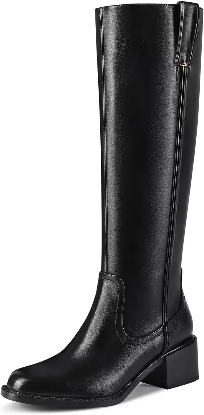 Knee High Boots For Women Chunky Heel Round Toe Leather Patent Boots Low Block Heel Tall Boots With Side Zipper