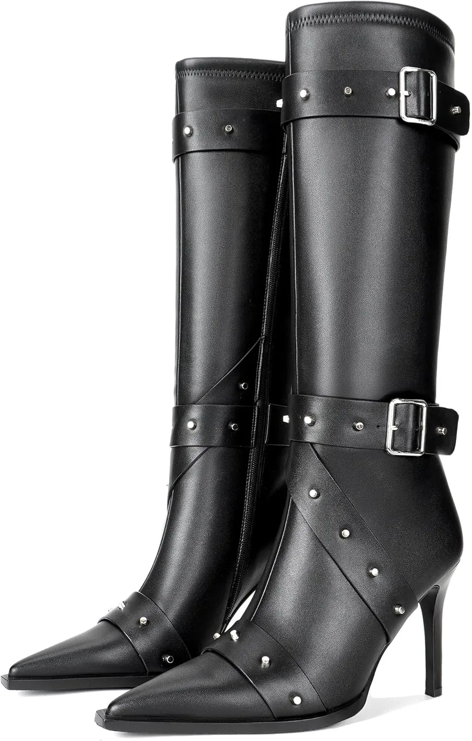 Knee High Boots for Women Pointed Toe Buckle Strap Stiletto Heel Boots Rivets Stud Tall Sexy Dress Long Boots with Zipper