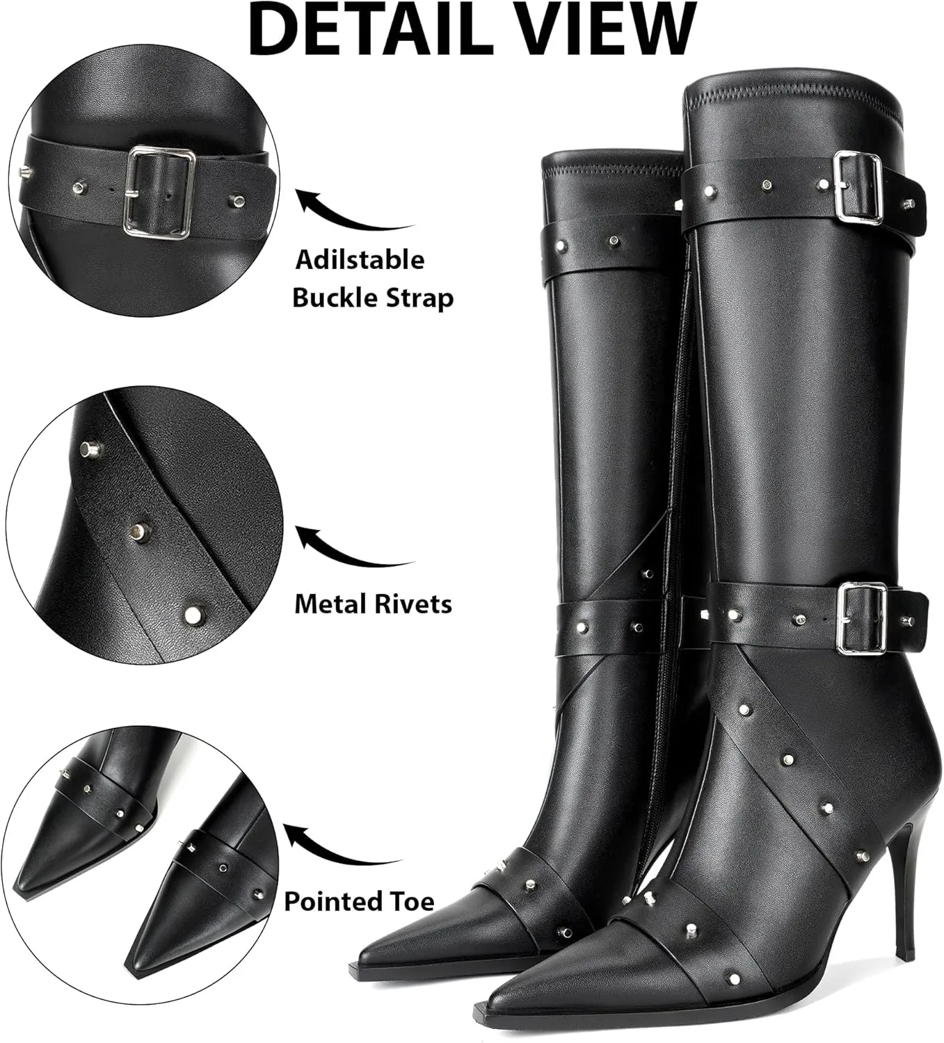 Knee High Boots for Women Pointed Toe Buckle Strap Stiletto Heel Boots Rivets Stud Tall Sexy Dress Long Boots with Zipper