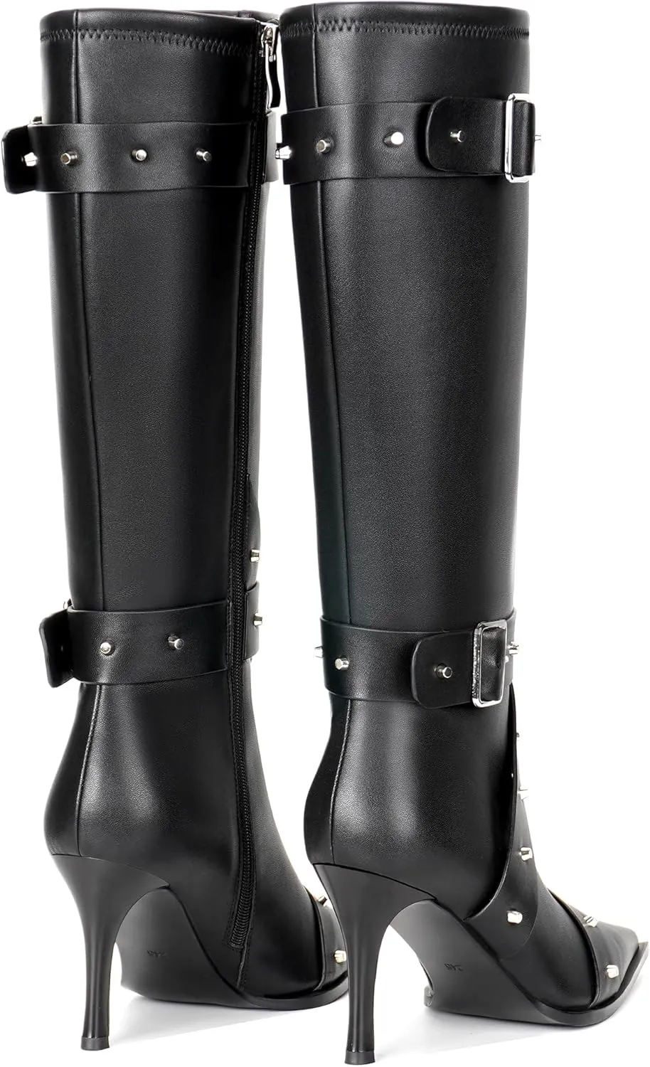 Knee High Boots for Women Pointed Toe Buckle Strap Stiletto Heel Boots Rivets Stud Tall Sexy Dress Long Boots with Zipper