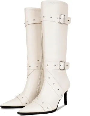 Knee High Boots for Women Pointed Toe Buckle Strap Stiletto Heel Boots Rivets Stud Tall Sexy Dress Long Boots with Zipper