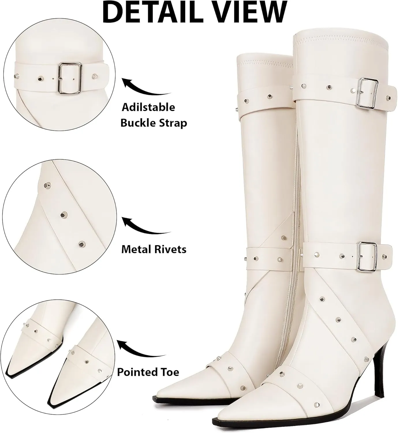Knee High Boots for Women Pointed Toe Buckle Strap Stiletto Heel Boots Rivets Stud Tall Sexy Dress Long Boots with Zipper