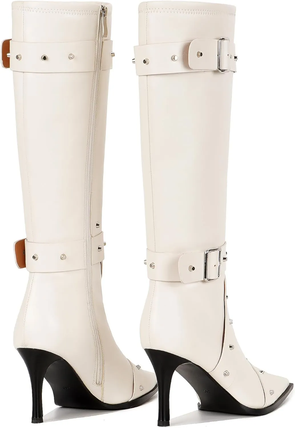 Knee High Boots for Women Pointed Toe Buckle Strap Stiletto Heel Boots Rivets Stud Tall Sexy Dress Long Boots with Zipper